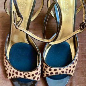 J Crew Collection Brown Patent Leather Beige Fur Stiletto Sandals Heels Size 6.5